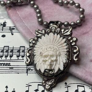 Indian Chief Carved Bone Skull Necklace 20” Chain - Unisex Design Newly Created